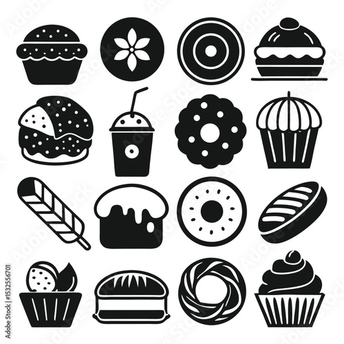 Delicious collection of bakery, dessert, and sweets icons including cupcakes, cookies, muffins, donuts, and pastries in vector format for cafe and food branding.