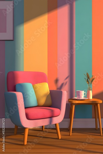 Colorful interior scene featuring a modern armchair with vibrant cushions beside a wooden table, adorned with a vase and cup, creating a cozy and inviting atmosphere