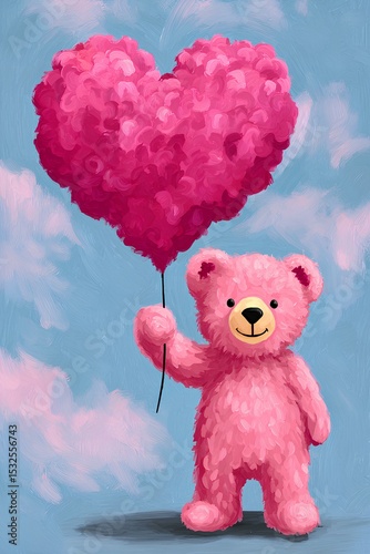 Cute pink teddy bear holding a fluffy heart-shaped balloon against a soft blue sky with pastel clouds, symbolizing love and affection in a whimsical illustration