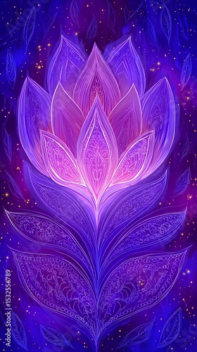 Celestial water lily illumination - this radiant purple blue lotus illustration shimmers with otherworldly light against starry void, embodying meditation, rebirth and sacred wisdom traditions.