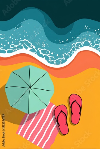 Coastal tranquility visualized through this illustrated beach scene - mint green umbrella shades a striped cotton towel while flip-flops wait patiently for their owner's return to the shore.