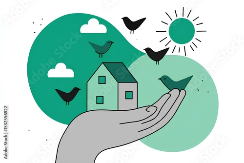 Bright and uplifting artwork of a hand offering a small house to the sky, surrounded by sunlit clouds-representing hope, protection, and the value of home.