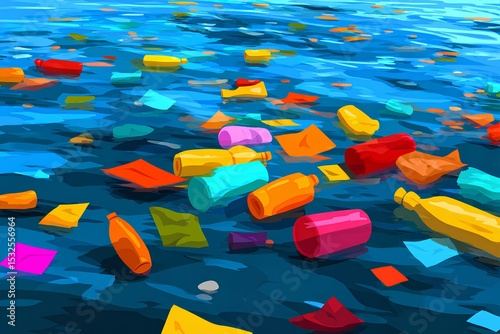 Modern environmental tragedy illustrated through bright plastic bottles suspended in clear water - a powerful message about pollution disguised in vibrant colors.