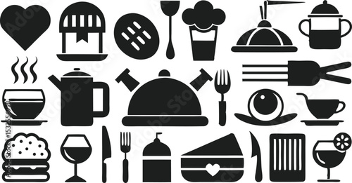Comprehensive Food and Cooking Icon Vector – Cup, Chef Hat, Spoon, Plate and Meal Elements in Silhouette Style for Recipe Design, Cooking Blogs and Culinary Brand Assets