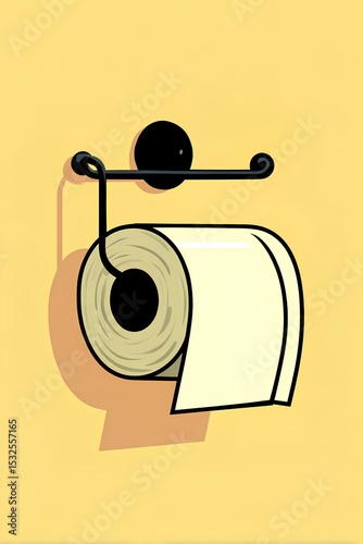 Stylish illustration presents toilet paper as design feature, its simple cylindrical form highlighted against yellow wall.