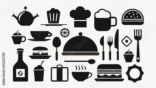 Comprehensive Food and Beverage Icon Vector Set – Glasses, Plates, Cutlery, Bottles and Cookware Silhouettes for Menus, Kitchen Graphics, Cooking Blogs and Hospitality Branding