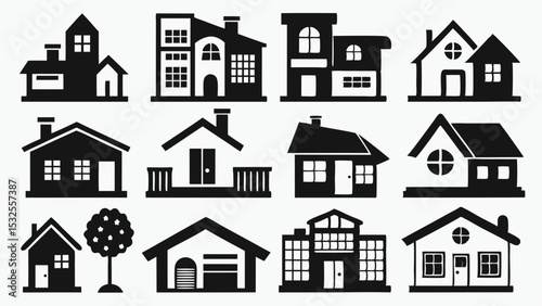 Black and White House Icon Vector Set – Residential and Urban Building Silhouettes for Real Estate, Architecture Projects, City Planning Maps and Home Construction Design Elements