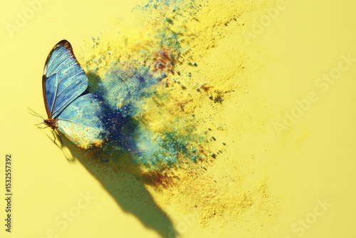 Blue butterfly with wings dissolving into colorful powder particles on bright yellow background, creating dynamic and artistic effect