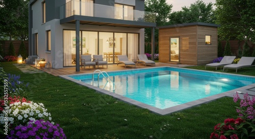 Wallpaper Mural Modern house with pool, patio furniture, and garden. Evening scene with lights illuminating the property Torontodigital.ca