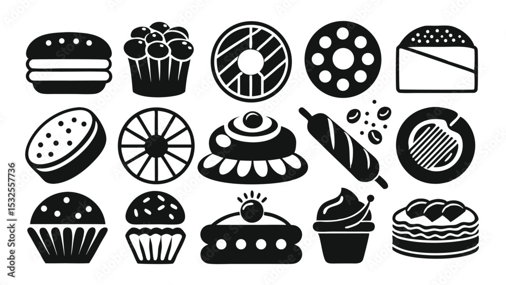 Vector icon set of dessert and bakery food silhouettes including cupcakes, donuts, pastries, and sweet treats perfect for menus, cafés, and food branding. Vector icon set of dessert and bakery food silhouettes including cupcakes, donuts, pastries, and sweet treats perfect for menus, cafés, and food branding.