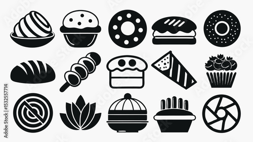 Black silhouette vector icons of bakery foods including muffins, donuts, buns, and snacks ideal for cafes, restaurants, and dessert shop branding or menus.
