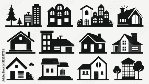 Urban cityscape and residential house silhouettes in a flat style, perfect for architecture, real estate, and modern city planning or landscape design themes.
