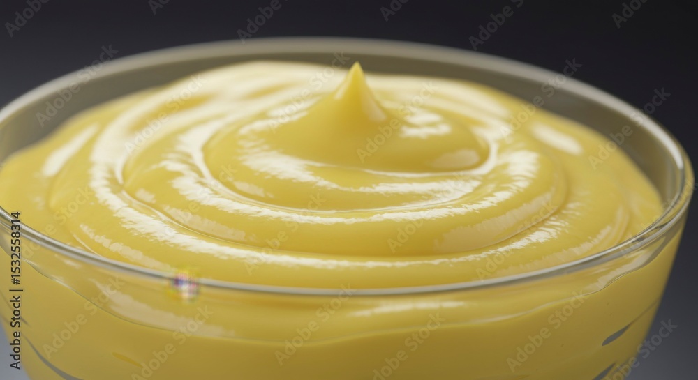 Creamy, pale yellow sauce swirls in a clear glass bowl, showing a smooth, thick texture and glossy surface Creamy, pale yellow sauce swirls in a clear glass bowl, showing a smooth, thick texture and glossy surface