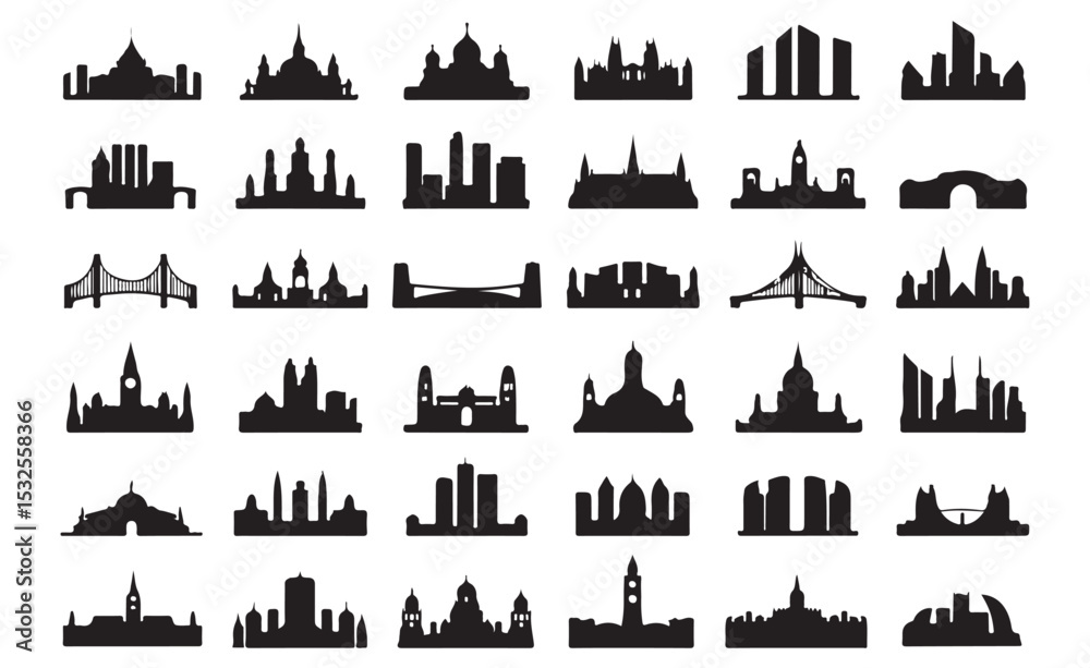 Obraz premium City Skyline Silhouettes Black Icons