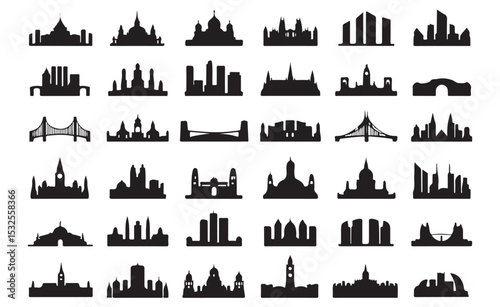 Vector illustration of city skylines and iconic architectural silhouettes in black and white