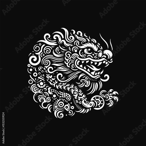 Wallpaper Mural Circular white outline of a powerful Chinese dragon head with ornate swirling patterns on black background. Culture concept Torontodigital.ca