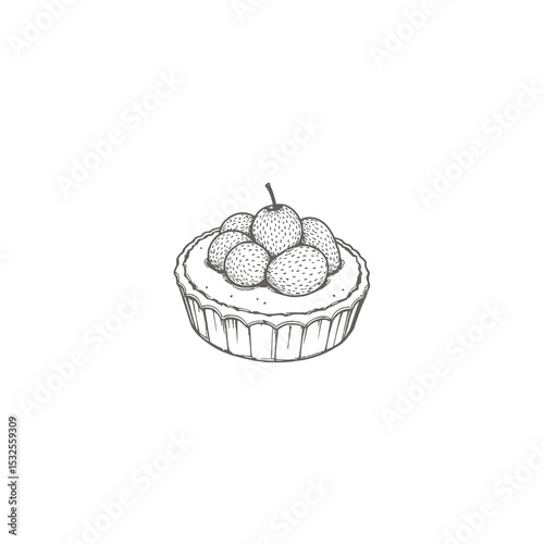 Dessert tart with lychee fruit on top in simple monochrome style  
