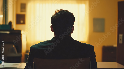 A man sits alone in a dimly lit room, his back to the camera