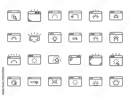 Creative UI/UX Browser Window Icons for Web Design Interfaces, Click Actions, and Interactive Element Highlights