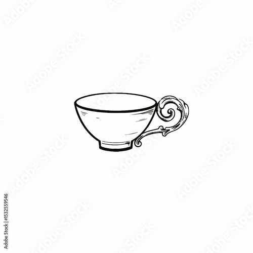 Classic teacup with ornate handle in minimalist black and white design  
