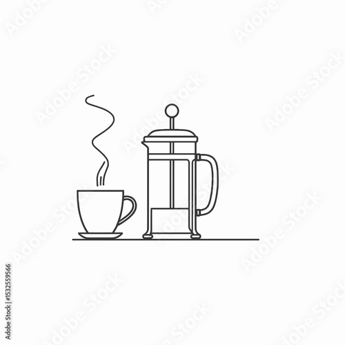 Coffee cup and French press with steam in minimalist line art style  