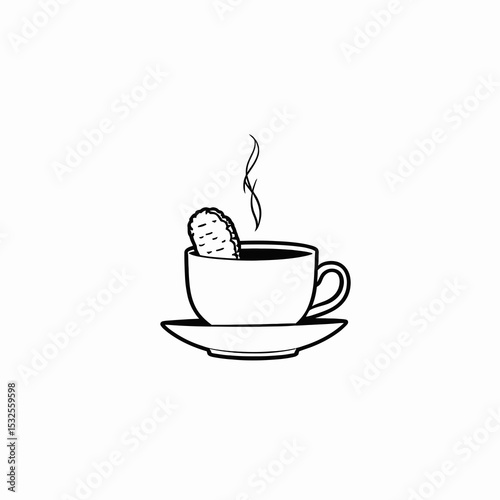 Coffee cup with biscuit and steam in minimalistic style  
