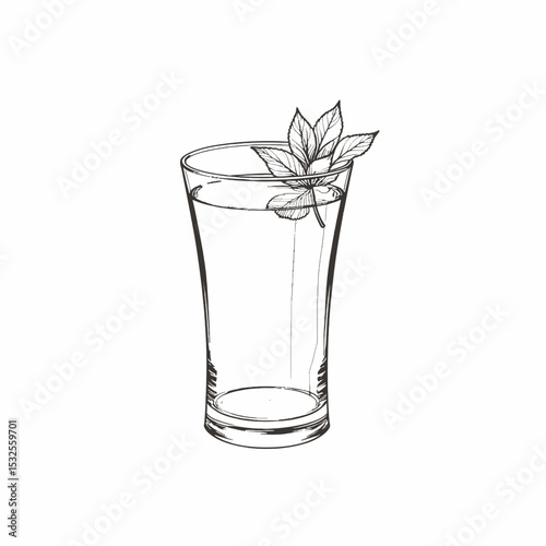 Glass of water with a decorative leaf on the rim  