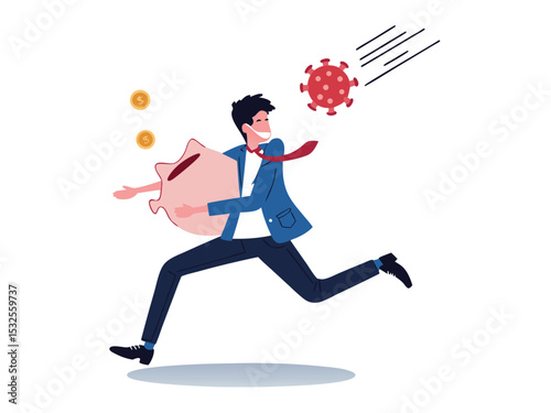 Businessman running piggy bank covid-19 pandemic