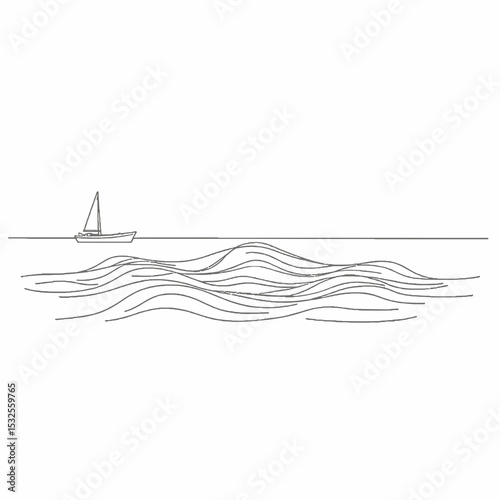 Minimal line drawing of a sailboat on wavy ocean surface  
