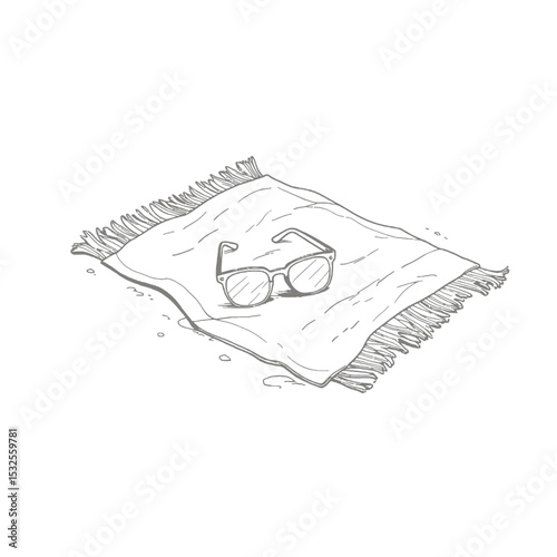 Sunglasses resting on a beach towel in a simple outdoor setting  