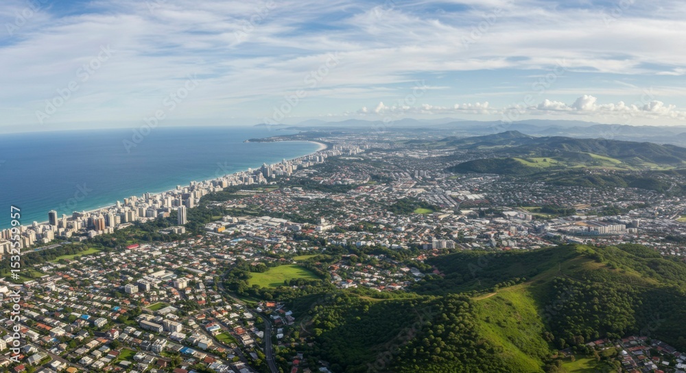 Fototapeta premium Panoramic aerial view of coastal city, showing a blend of urban development and natural landscape, including ocean, beach, and mountains under a partly cloudy sky
