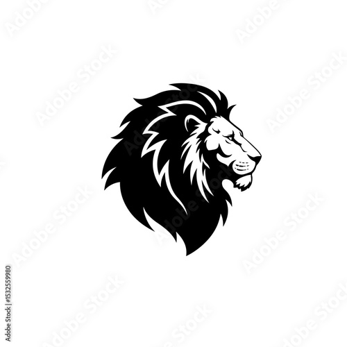 Black Vector Stylized Black Lion Head Silhouette with Flowing Mane on White Background