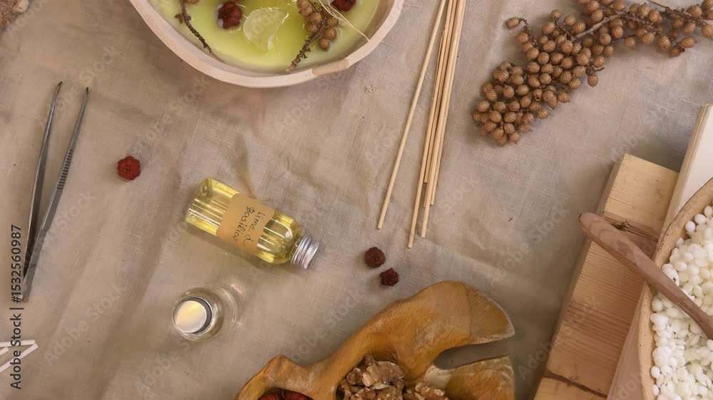 Aesthetic handmade process of creating an aromatherapy candle in a ceramic bowl, decorated with natural dried flowers and herbs. Flat lay view of hands working with soy wax, wick, and botanical elemen