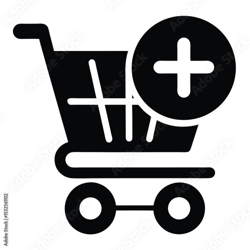 Black Shopping Cart with Circle and Plus Sign, Simple Isolated Symbol on White Background