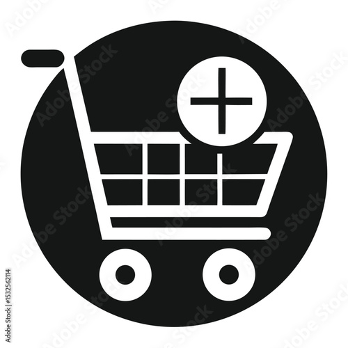 Black and White Shopping Cart Icon with Plus Symbol in a Circular Shape Isolated