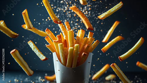 Crispy potato sticks are served in clear plastic cups, displayed in an appetizing advertising style, professional lighting accentuates the savory texture and golden color of the potatoes.