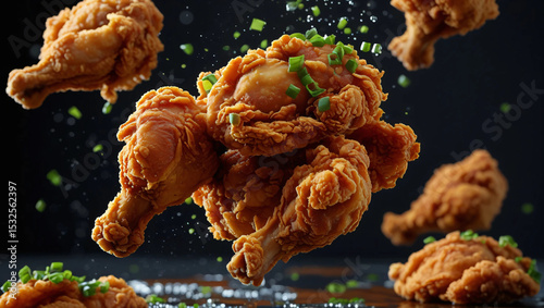 A photo of crispy fried chicken floating in the air with dramatic lighting and a dark background, highlighting the savory texture and golden color, creating an appetizing advertising style.