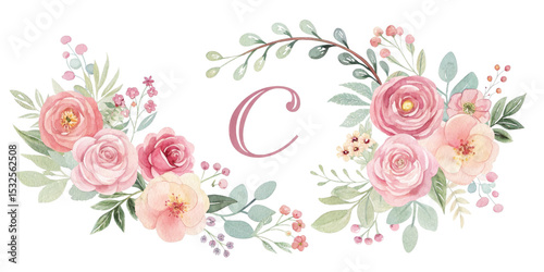 Floral Wreath Letter C Monogram, Watercolor Design, Isolated on Transparent Background, Floral Wreath, Monogram, Watercolor