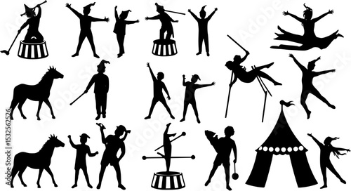 Circus silhouettes set, large pack of vector silhouette design, isolated white background

