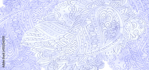 banner with monochrome abstract doodle watercolor painting. card with watercolour blue arabesque. background of ethnic handmade ornament