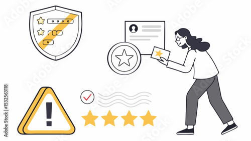 Illustration of a woman reviewing security settings and rating with stars and a warning sign shown