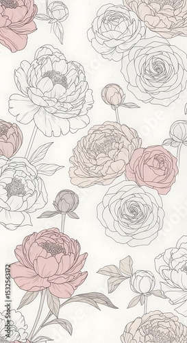 Elegant floral pattern with line art roses and peonies in soft blush pink and neutral tones