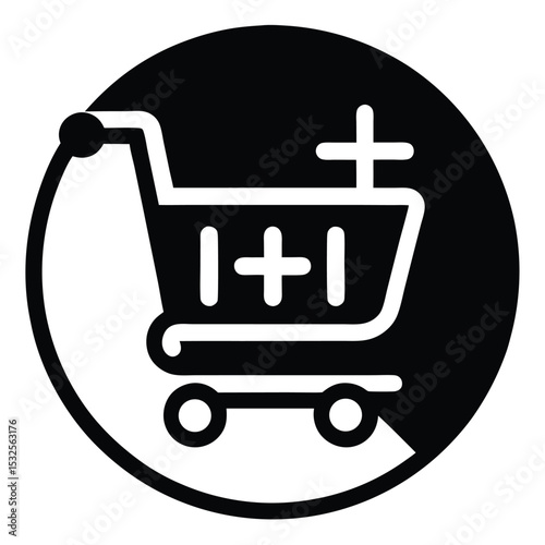 Black Shopping Cart Icon with Plus Symbol Inside Circular Shape Isolated on White