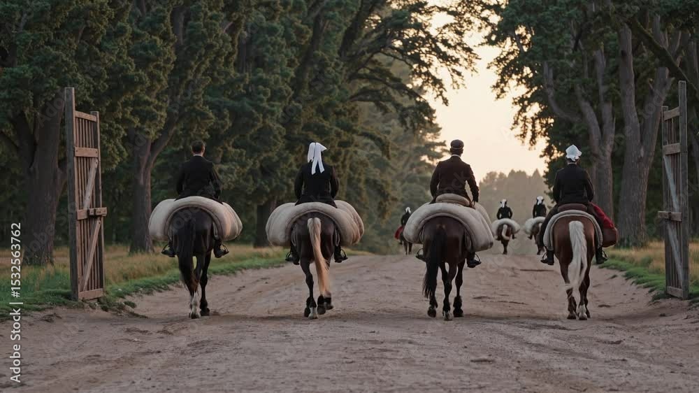 Group of riders on horseback entering tree-lined road at sunset. Traditional riding attire with large white seat pads. Rural landscape. Concept of heritage and equestrian culture