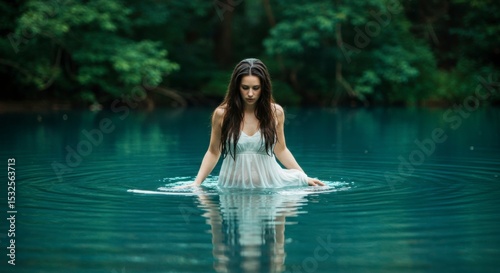 Woman in white dress wading in serene, teal water, surrounded by lush green foliage.  Reflection visible on the surface