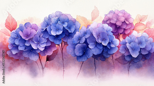 Watercolor illustration of gentle hydrangeas in shades of blue and lavender with subtle ink shading 