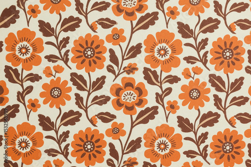 Vintage 70s floral wallpaper pattern with muted orange and brown tones, evoking a groovy retro aesthetic. Ideal for nostalgic design projects, posters, and social media visuals.

