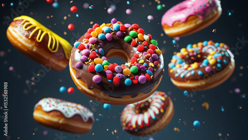 Colorful donut illustration floating in the air with a tempting appearance, various and bright toppings, suitable for cheerful, sweet and eye-catching food product advertising promotions.
