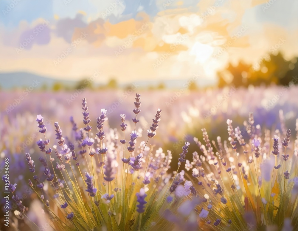 Fototapeta premium Stunning lavender field at sunset, capturing vibrant purple blooms and golden light in a tranquil setting.