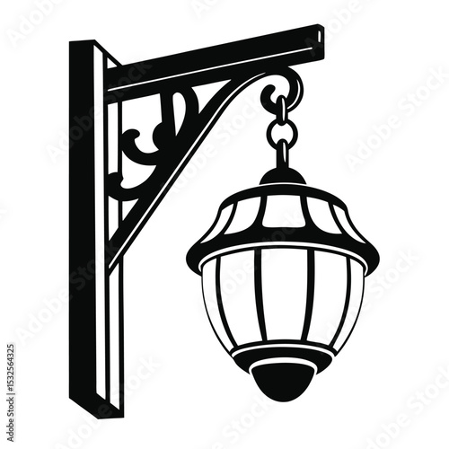 Black and White of Hanging Vintage Lamp with Ornate Pole Bracket